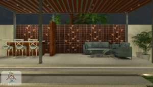 Stylish outdoor patio featuring pergola ceiling, comfortable seating area, decorative jali screen wall, and ambient lighting for a modern living space.