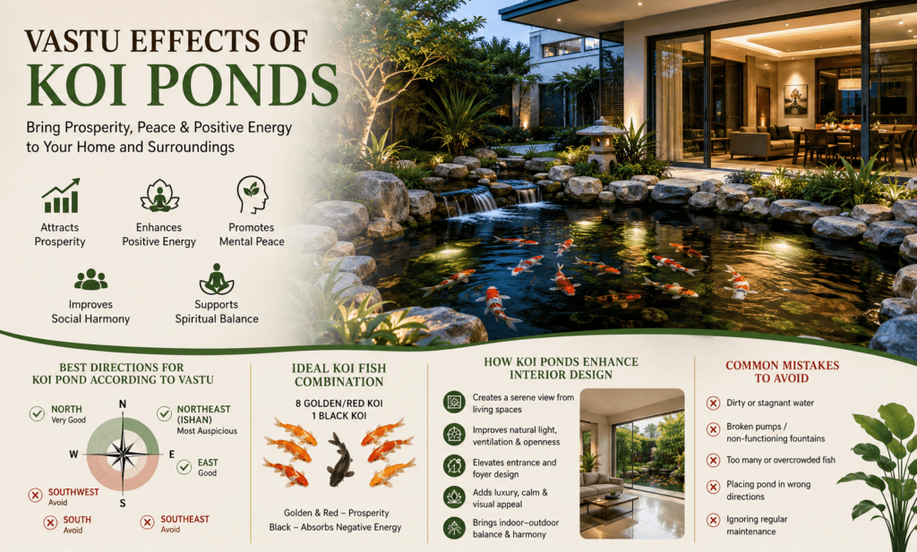 Vastu effects of Koi ponds infographic showing prosperity benefits, ideal pond directions, Koi fish combinations, interior design integration, and landscape design for modern homes in India.