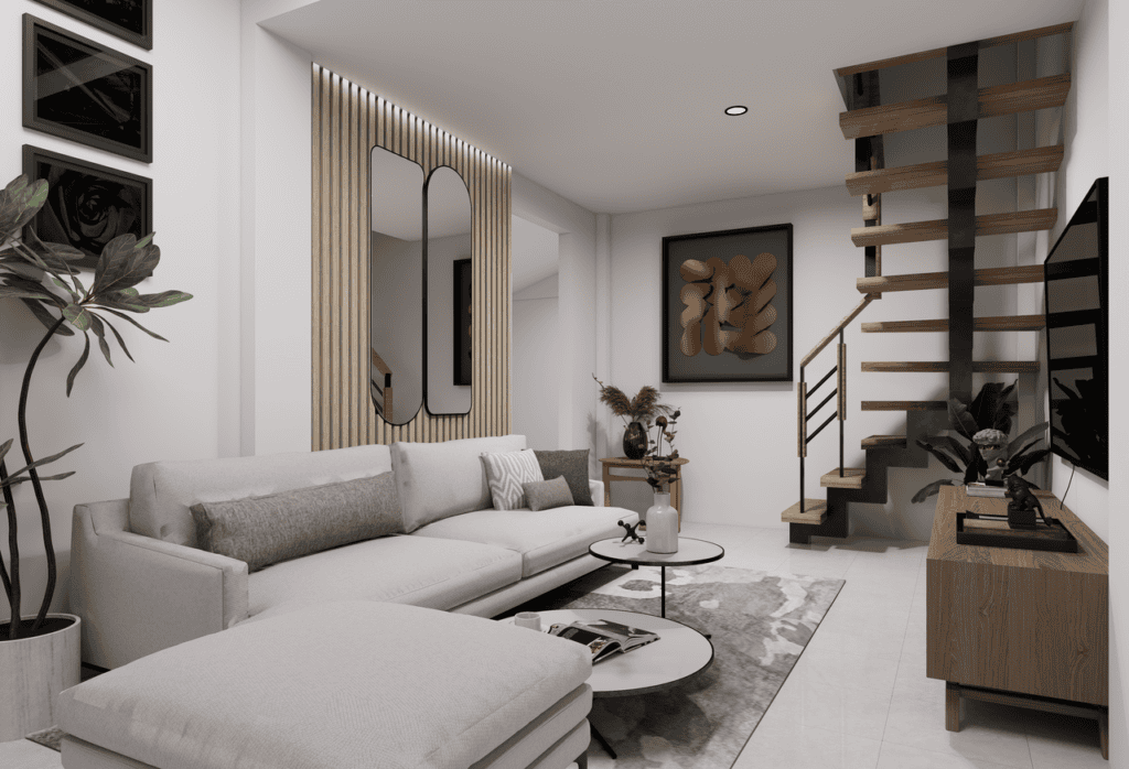 Elegant modern living room featuring minimalist decor, neutral colors, and a wooden spiral staircase.
