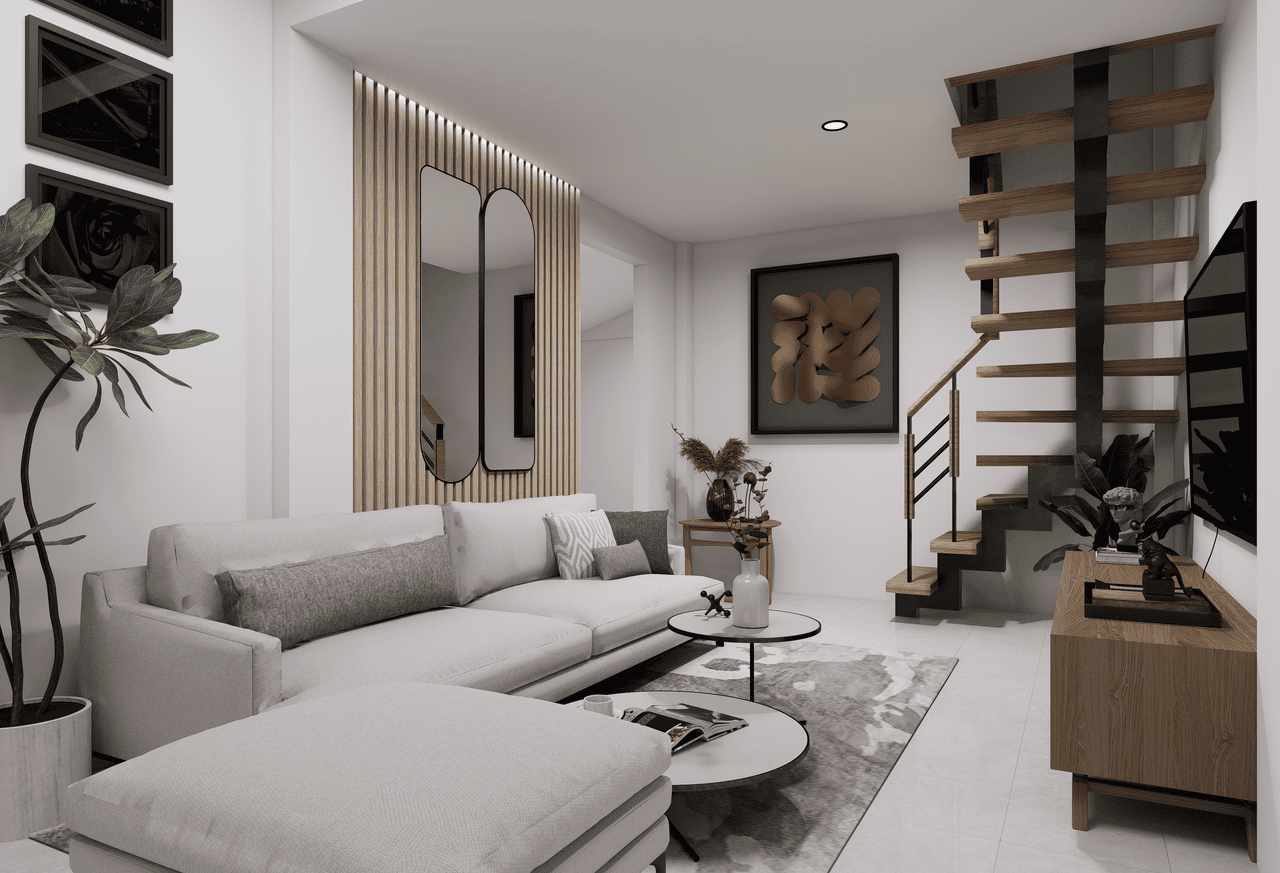 Elegant modern living room featuring minimalist decor, neutral colors, and a wooden spiral staircase.