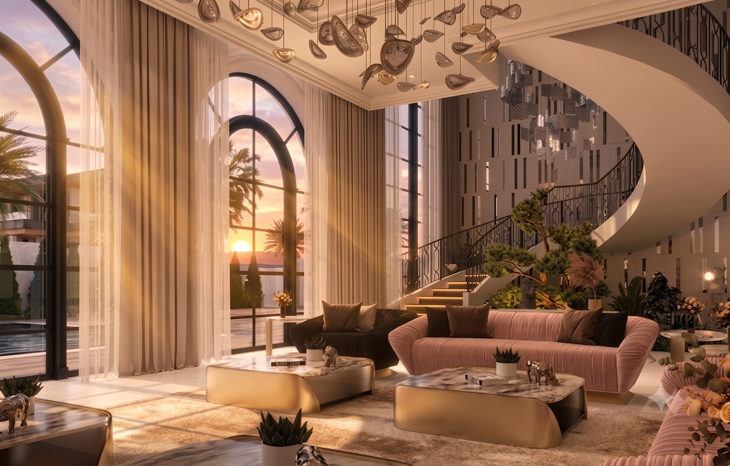 Luxury double-height living room featuring light pink velvet sofas, a sculptural spiral staircase, and large arched windows showing a vibrant sunrise.