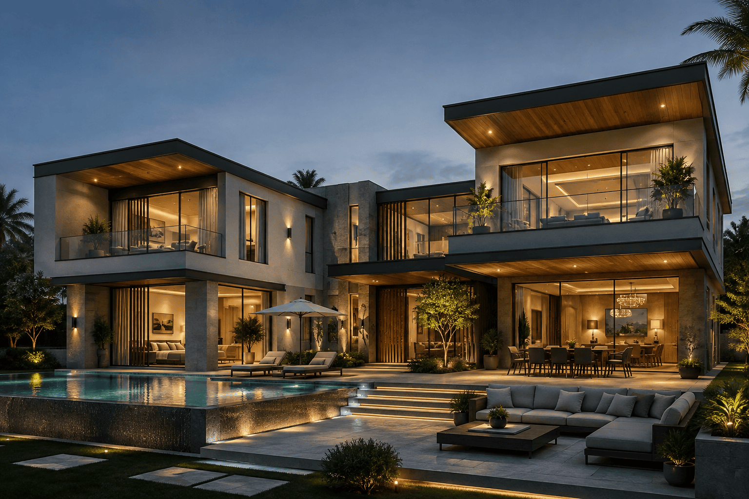 Modern luxury villa interior with open-plan living room, warm lighting, and outdoor swimming pool view