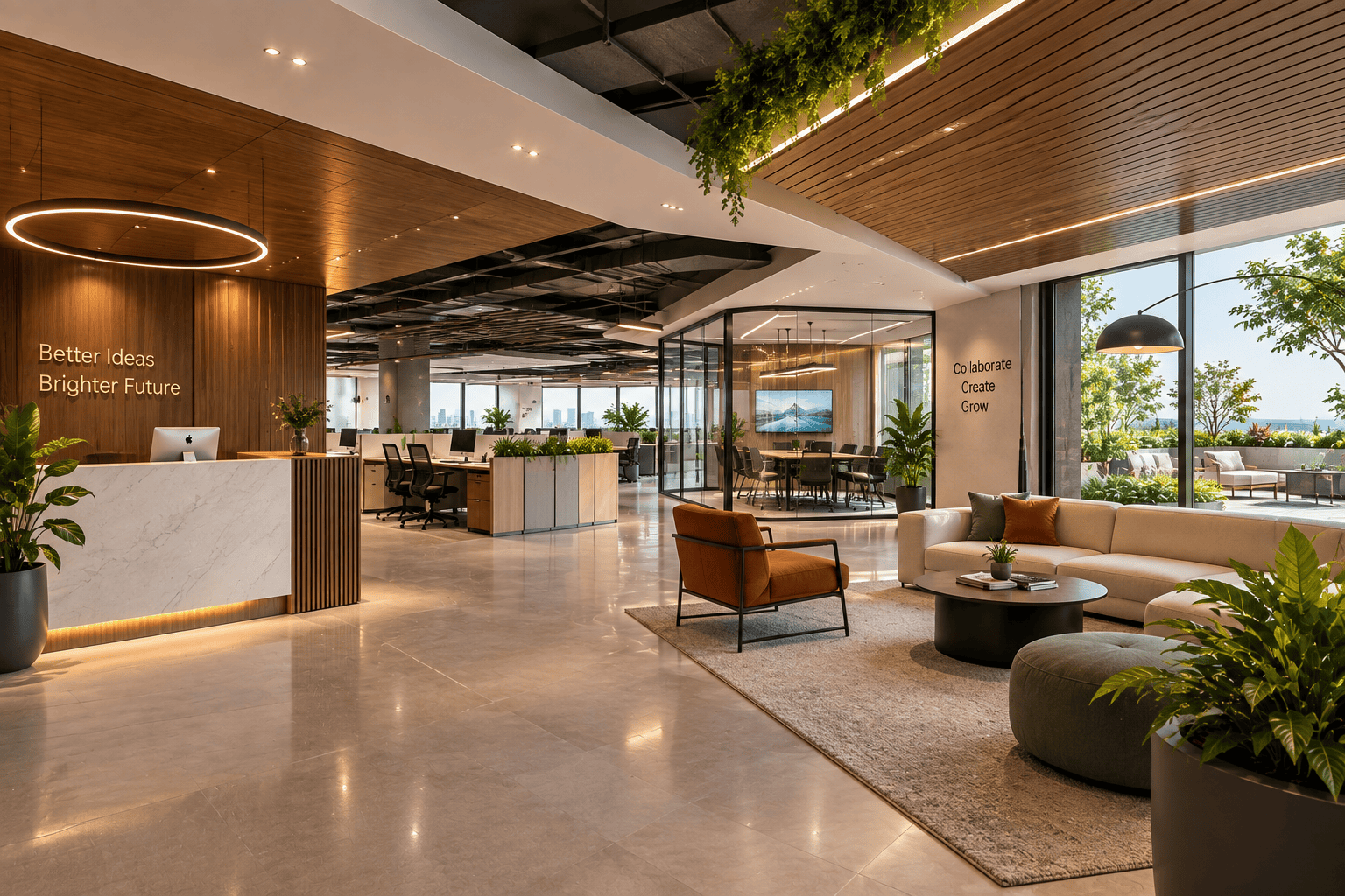 Modern commercial office interior with reception, workspaces, meeting room, greenery and contemporary lighting