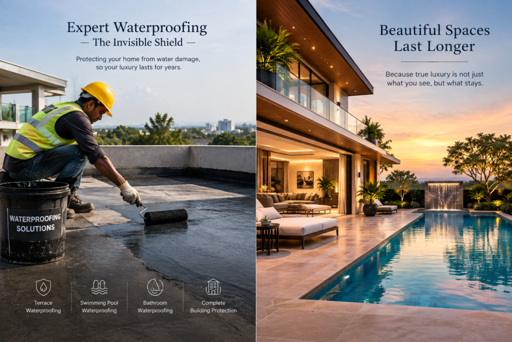 Expert waterproofing application on a luxury home terrace and swimming pool