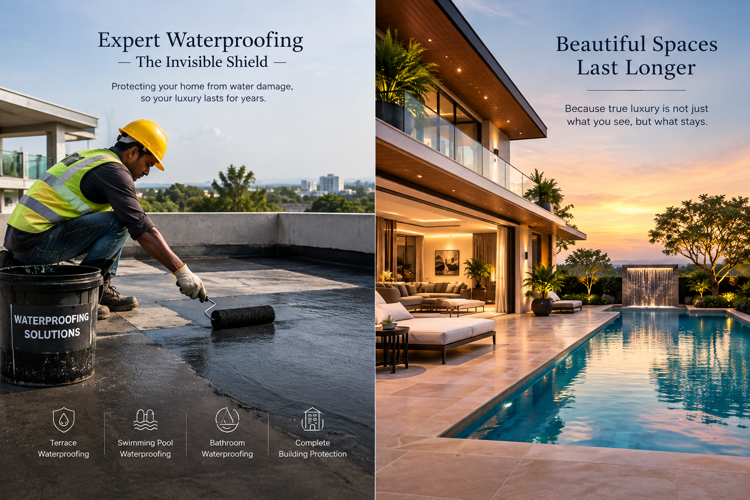 Expert waterproofing application on a luxury home terrace and swimming pool