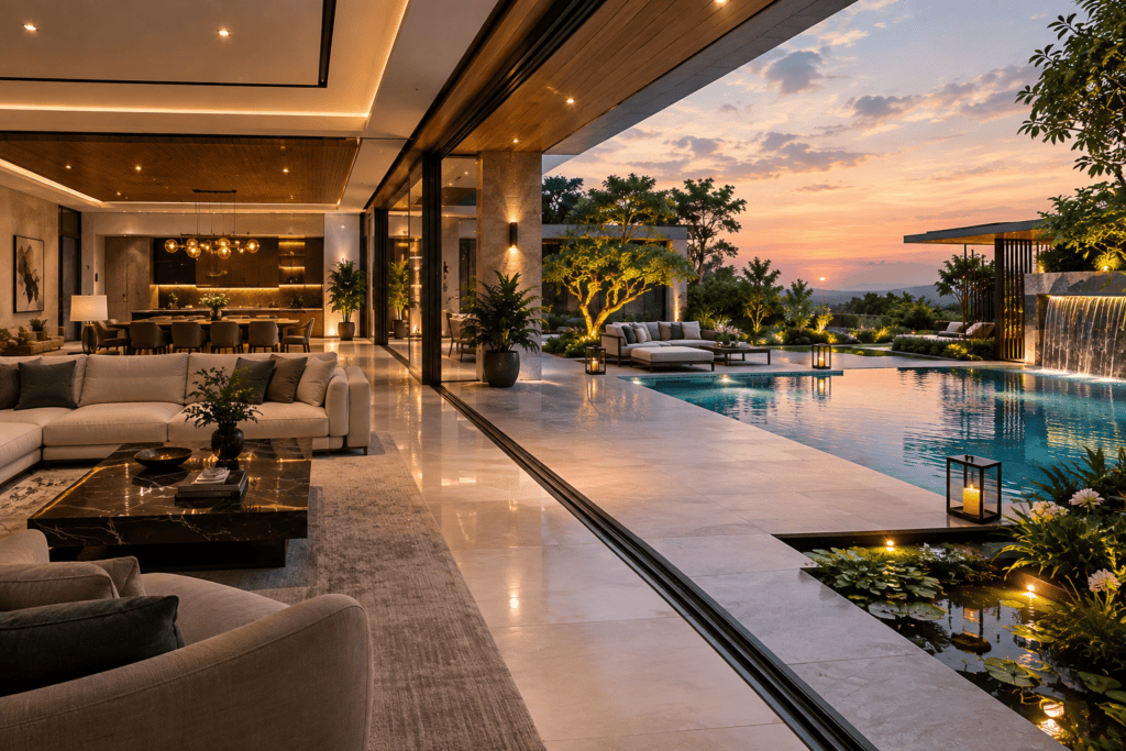 A modern luxury living room with large glass doors opening to a seamlessly integrated outdoor pool, patio, and landscaped garden at dusk.
