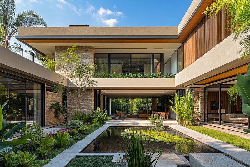Serene architectural water feature with reflecting pool, landscaped garden and contemporary building