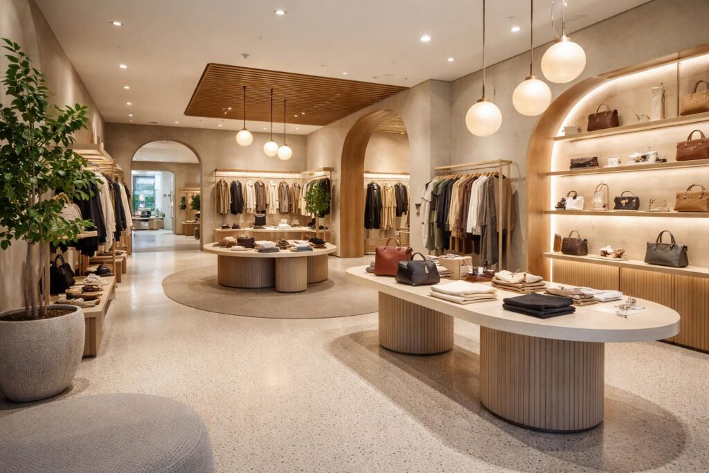 Modern retail store interior with elegant product displays, ambient lighting and contemporary finishes.