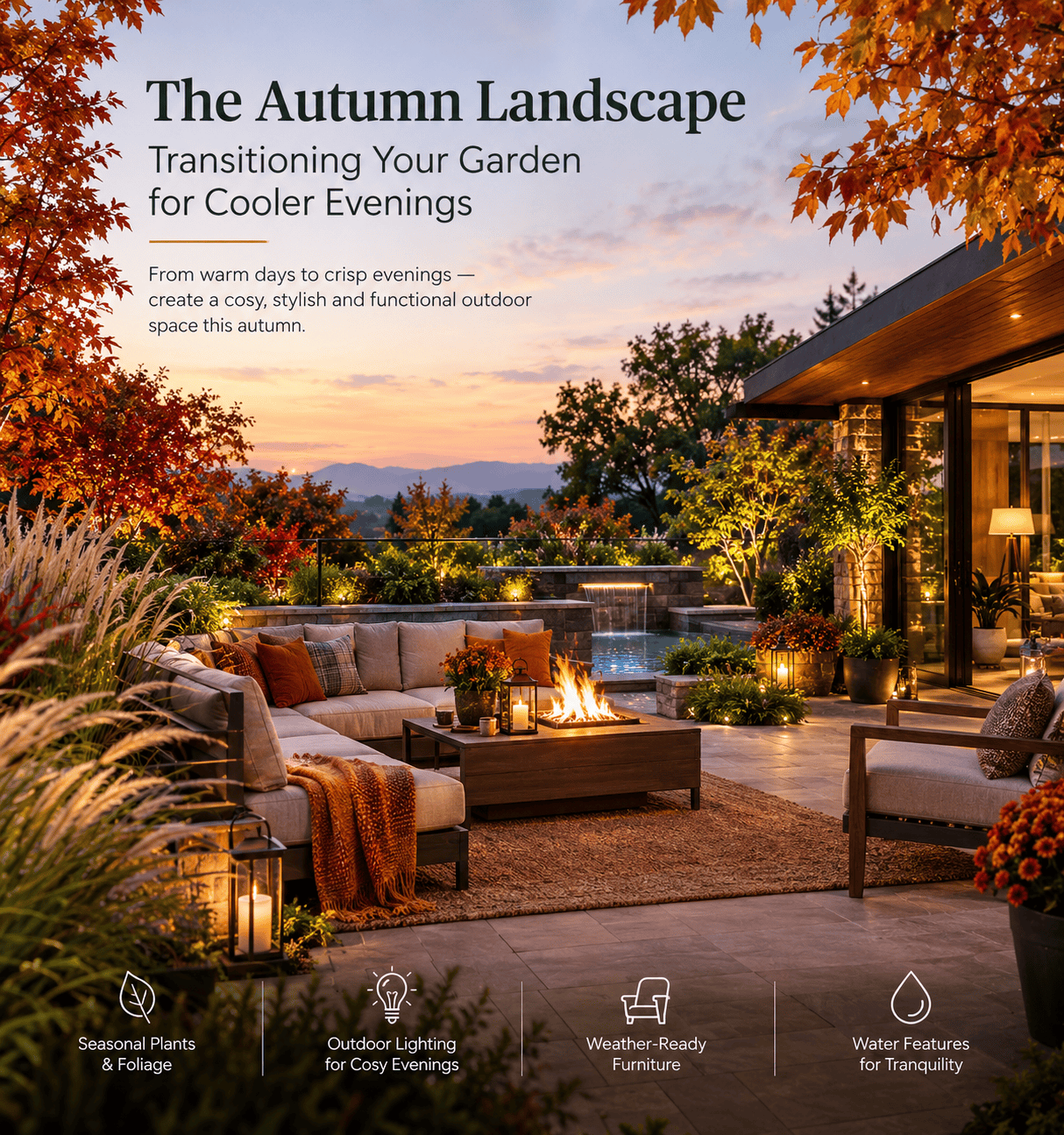Autumn landscape design with a cosy outdoor lounge, seasonal foliage, warm garden lighting and a water feature